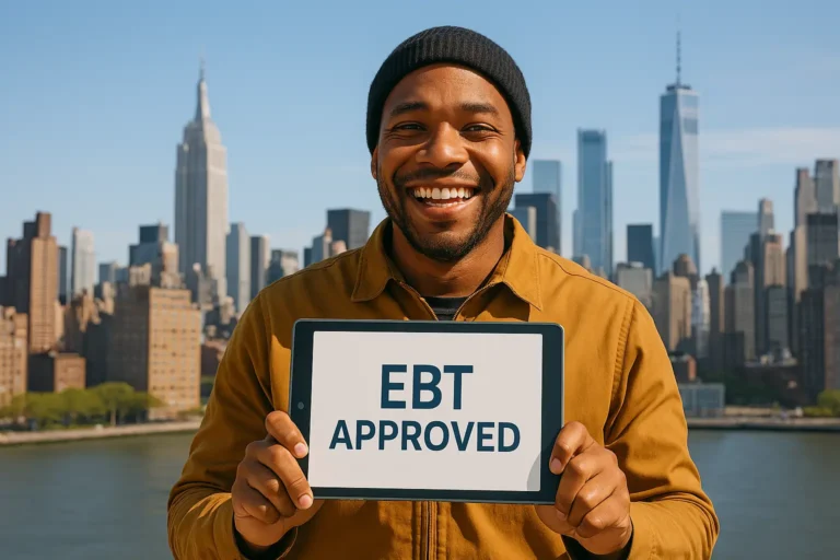 An EBT recipient holding a free government tablet with the New York City skyline in the background.